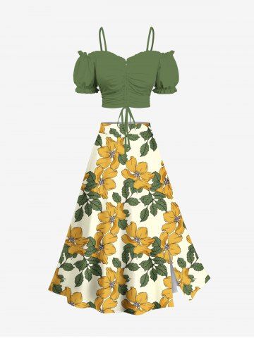 Cinched Solid Top and Flower Leaf Print Hawaii Split A Line Skirt Plus Size Matching Set - GREEN