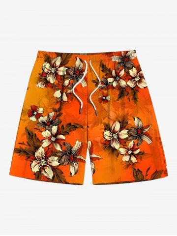 Plus Size Ombre Flower Leaf Branch Print Hawaii Drawstring Pocket Beach Shorts For Men - DARK ORANGE - M
