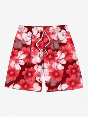 Plus Size Ombre Daisy Flower Print Hawaii Drawstring Pocket Beach Shorts For Men - RED - M
