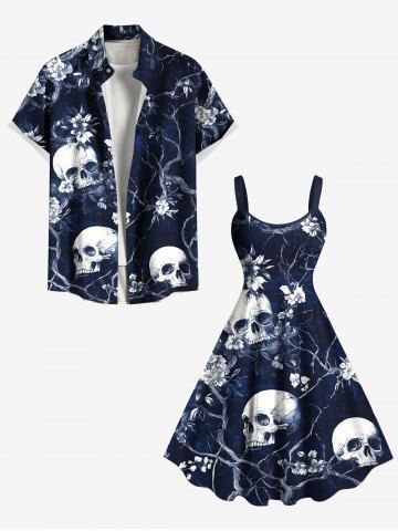 Tenue de plage hawaïenne assortie grande taille à imprimé tête de mort et arbre fleuri pour couples
