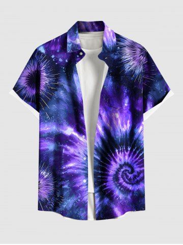 Plus Size Spiral Tie Dye Galaxy Print Hawaii Button Pocket Shirt For Men - PURPLE - 4XL