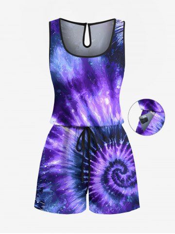 Plus Size Spiral Tie Dye Galaxy Print Hawaii Drawstring Pocket Romper - PURPLE - XS