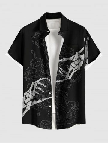 Plus Size Skeleton Lover Print Button Pocket Shirt For Men - BLACK - 4XL