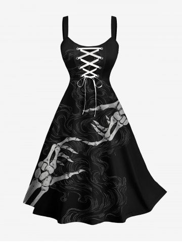 Plus Size Skeleton Lover Print Lace Up A Line Tank Dress - BLACK - S