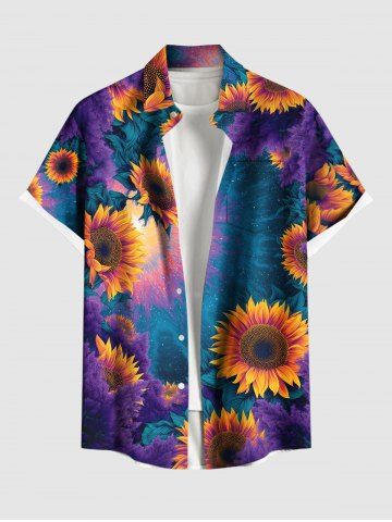 Plus Size Ombre Sunflower Sea Print Hawaii Button Pocket Shirt For Men - BLUE - 4XL