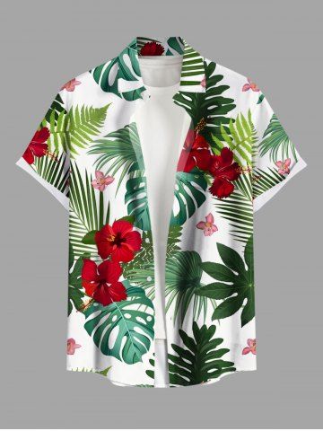 Plus Size Tropical Leaf Hibiscus Flower Print Hawaii Button Pocket Shirt For Men - GREEN - 5XL
