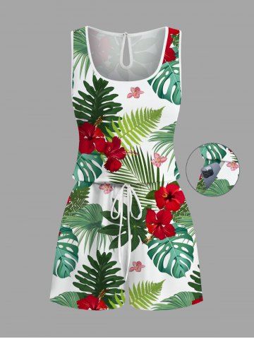 Plus Size Tropical Leaf Hibiscus Flower Print Hawaii Drawstring Pocket Romper - GREEN - 6X