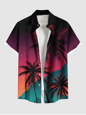 Plus Size Coconut Tree Ombre Galaxy Print Hawaii Button Pocket Shirt For Men - RED - 4XL