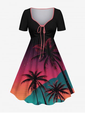 Plus Size Coconut Tree Ombre Galaxy Print Hawaii Cinched A Line Dress - RED - 6X