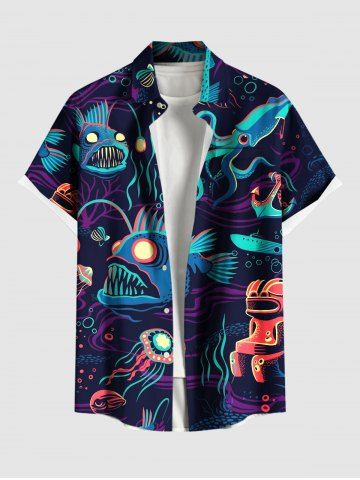 Plus Size Shark Squid Jellyfish Print Hawaii Sea Creatures Button Pocket Shirt For Men