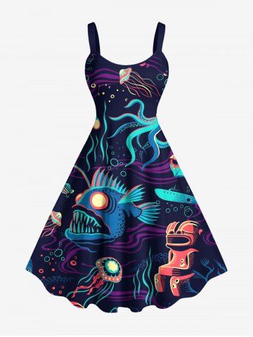 Plus Size Shark Squid Jellyfish Print Hawaii Sea Creatures A Line Tank Dress - BLACK - 3X