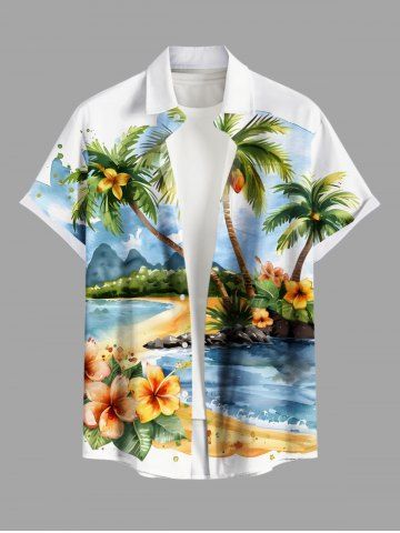 Plus Size Coconut Tree Hibiscus Flower Seascape Print Hawaii Button Pocket Shirt For Men - WHITE - 4XL