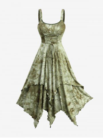 Tie Dye Print Lace-up Ruffles Lace Trim Asymmetrical Layered Tank Dress - GREEN - M