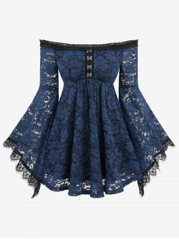 Flare Sleeve Flower Lace Overlay Hook and Eye Top with Removable Shoulder Strap - DEEP BLUE - XXXL