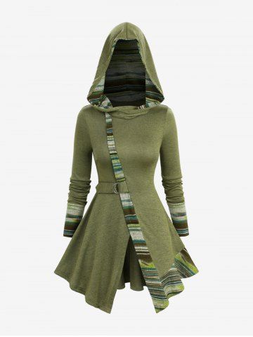 Stripes Print Patchwork Asymmetrical Long Sleeves Hooded Top - DEEP GREEN - XXXL
