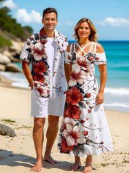 Tenue de plage hawaïenne assortie grande taille à imprimé fleurs et feuilles pour couples - Blanc 