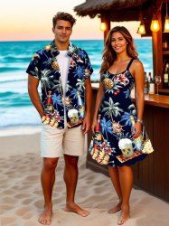 Coconut Tree Hibiscus Flower Beer Shell Print Plus Size Matching Hawaii Beach Outfit For Couples -  