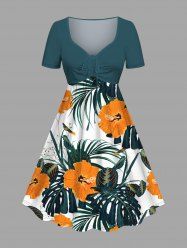 Plus Size Tropcial Leaf Hibiscus Flowers Print Cinched Hawaii Dress -  