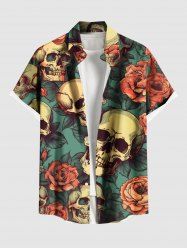 Plus Size Skulls Rose Flowers Leaf Print Buttons Pocket Hawaii Shirt For Men -  