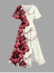 Robe mi-longue hawaïenne fendue à imprimé tropical et fleurs d'hibiscus grande taille - Blanc de Crème  L