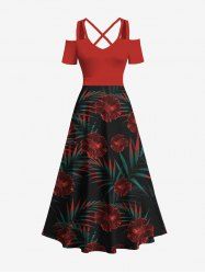 Robe longue hawaïenne grande taille à imprimé feuilles tropicales et fleurs d'hibiscus, épaules dénudées et croisées - Rouge 2X