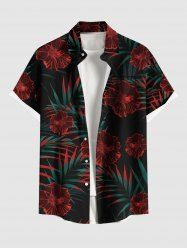 Chemise hawaïenne grande taille à imprimé feuilles tropicales et fleurs d'hibiscus, avec poches et boutons, pour homme - Noir L