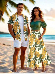 Tenue de plage hawaïenne assortie grande taille à imprimé fleurs et feuilles pour couples - Vert 