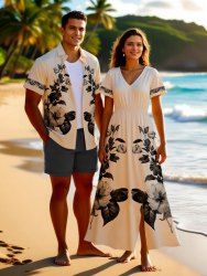 Hibiscus Flower Leaf Branch Ethnic Print Plus Size Matching Hawaii Beach Outfit For Couples -  