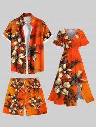 Tenue de plage hawaïenne assortie grande taille à imprimé floral et feuilles ombré pour couples - Orange Foncé 