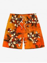 Plus Size Ombre Flower Leaf Branch Print Hawaii Drawstring Pocket Beach Shorts For Men -  