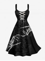 Plus Size Skeleton Lover Print Lace Up A Line Tank Dress -  