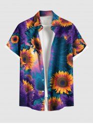 Chemise hawaïenne grande taille à imprimé tournesol et poches boutonnées pour homme - Bleu 6XL