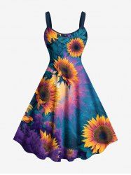 Robe débardeur trapèze hawaïenne grande taille à imprimé tournesol ombré et mer - Bleu Ciel L