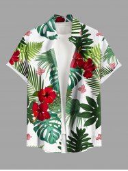 Plus Size Tropical Leaf Hibiscus Flower Print Hawaii Button Pocket Shirt For Men -  