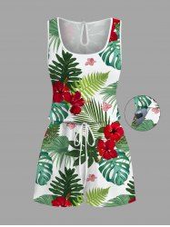 Plus Size Tropical Leaf Hibiscus Flower Print Hawaii Drawstring Pocket Romper -  