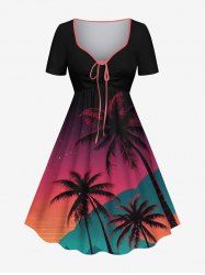 Robe trapèze cintrée grande taille à imprimé galaxie et cocotiers - Rouge L