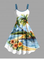 Robe débardeur grande taille à imprimé paysage marin hawaïen, motif cocotier, hibiscus et fleurs - Bleu 6X