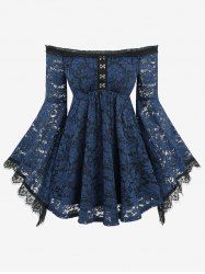 Haut à manches évasées avec superposition de dentelle fleurie et crochets et œillets avec bandoulière amovible - Bleu profond L