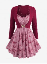 Flowers Butterfly Print Twist Ruffles Hollow Our Leaf Buckle 2 In 1 Long Sleeves Top -  