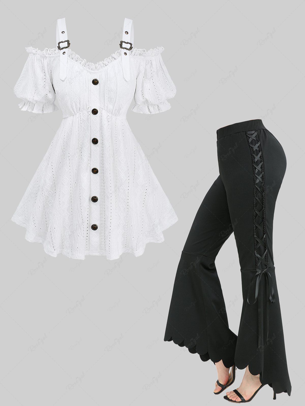 Shops Jacquard Embroidery Pointelle Hollow Out Top and Lace Up Scalloped Asymmetric Flare Pants Plus Size Outfit  