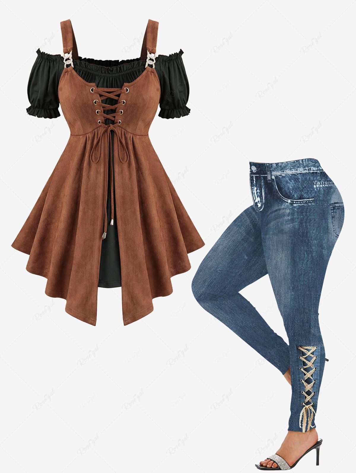 Sale Lace Up Two Tone 2 in 1 Top and 3D Ombre Denim Print Leggings Plus Size Outfit  