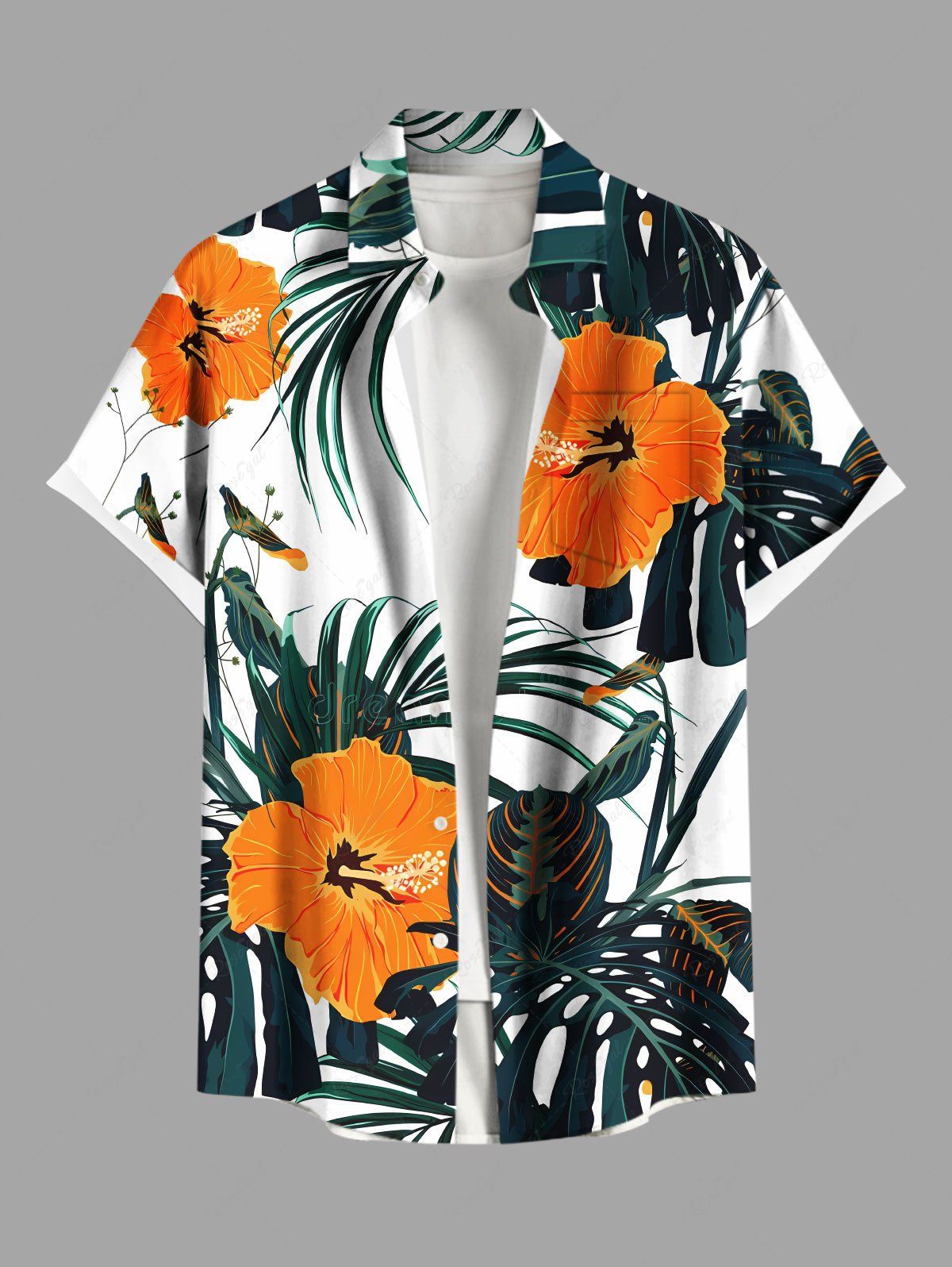 Cheap Plus Size Tropcial Leaf Hibiscus Flowers Print Buttons Pocket Hawaii Shirt For Men  