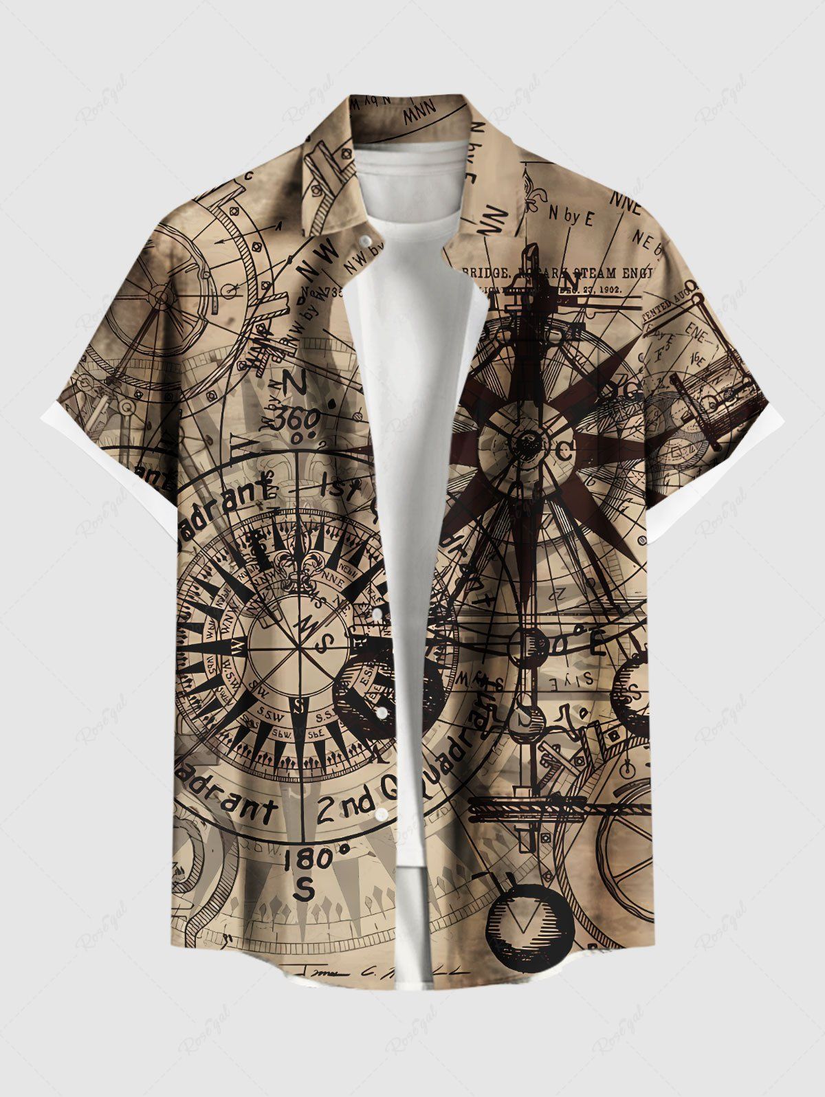 Chemise hawaïenne grande taille pour homme, imprimé boussole, croisière, voyage, mer, boutons, poche café M