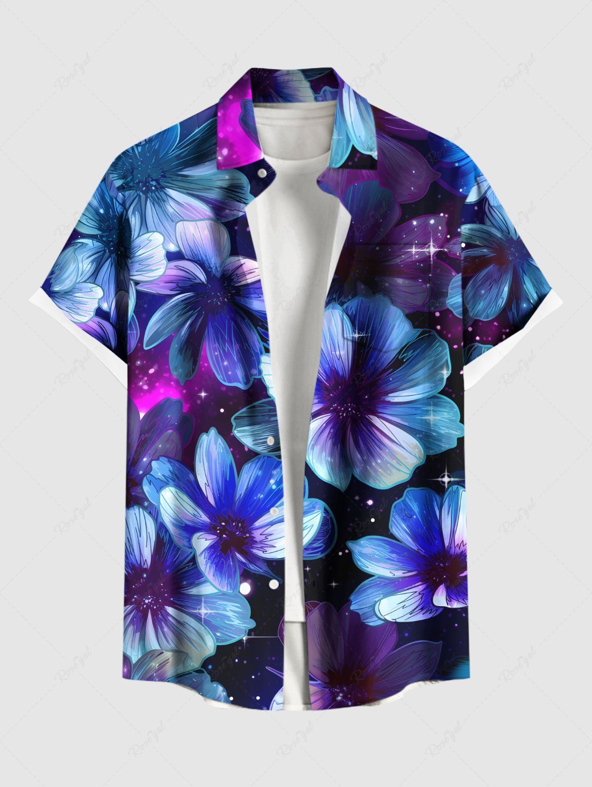 Sale Plus Size Flowers Galaxy Star Print Buttons Pocket Hawaii Shirt For Men  