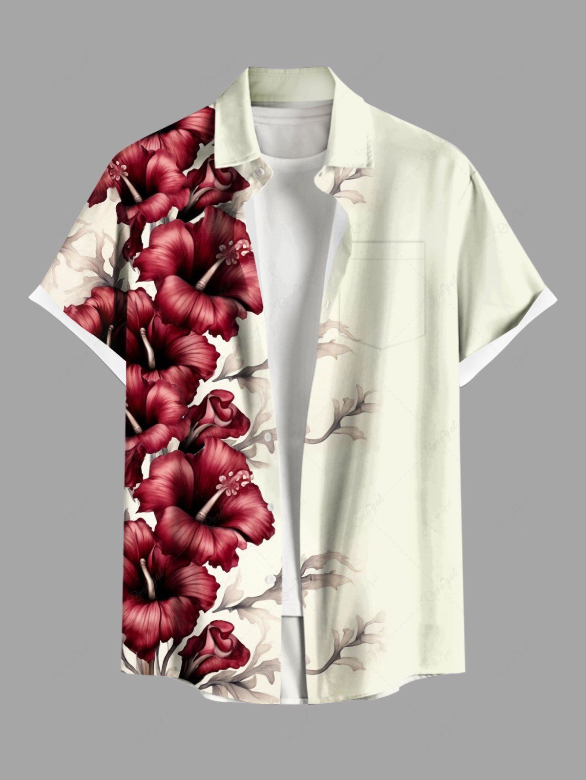 Chemise hawaïenne grande taille à imprimé tropical et fleurs d'hibiscus pour homme Blanc de Crème  XL