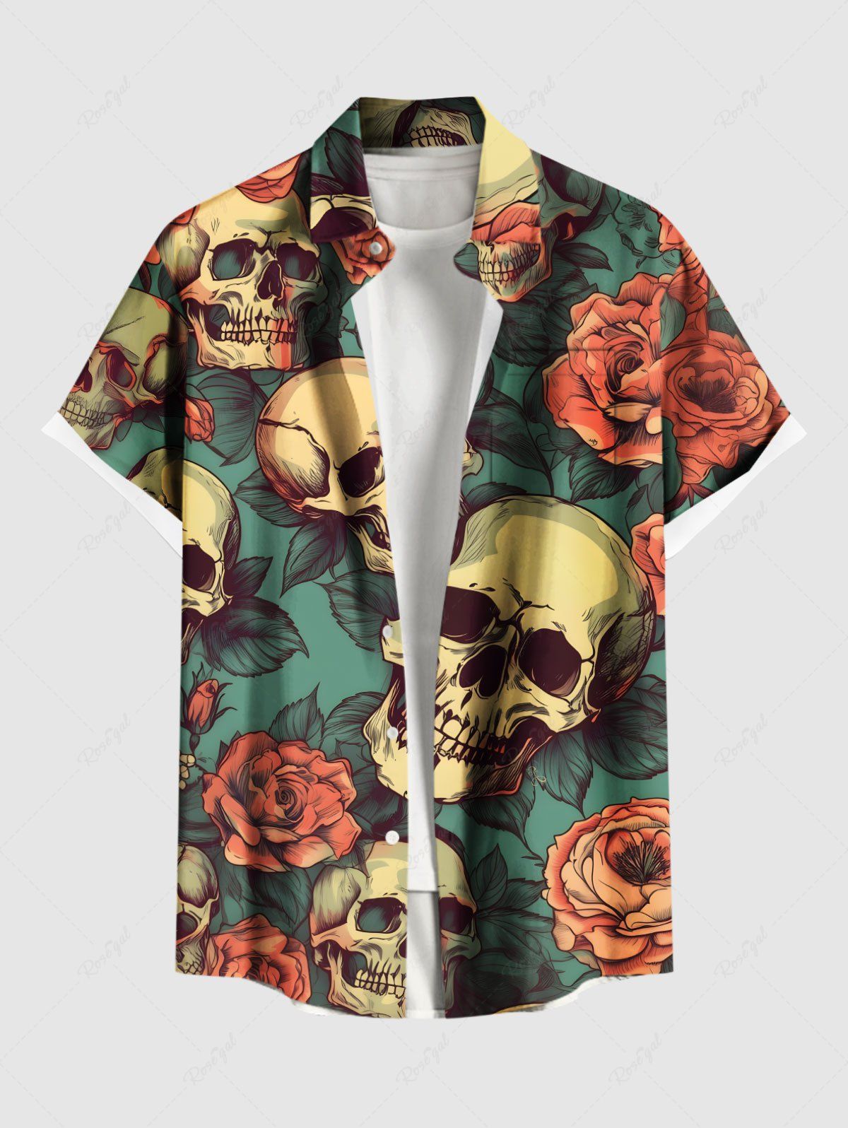 Best Plus Size Skulls Rose Flowers Leaf Print Buttons Pocket Hawaii Shirt For Men  