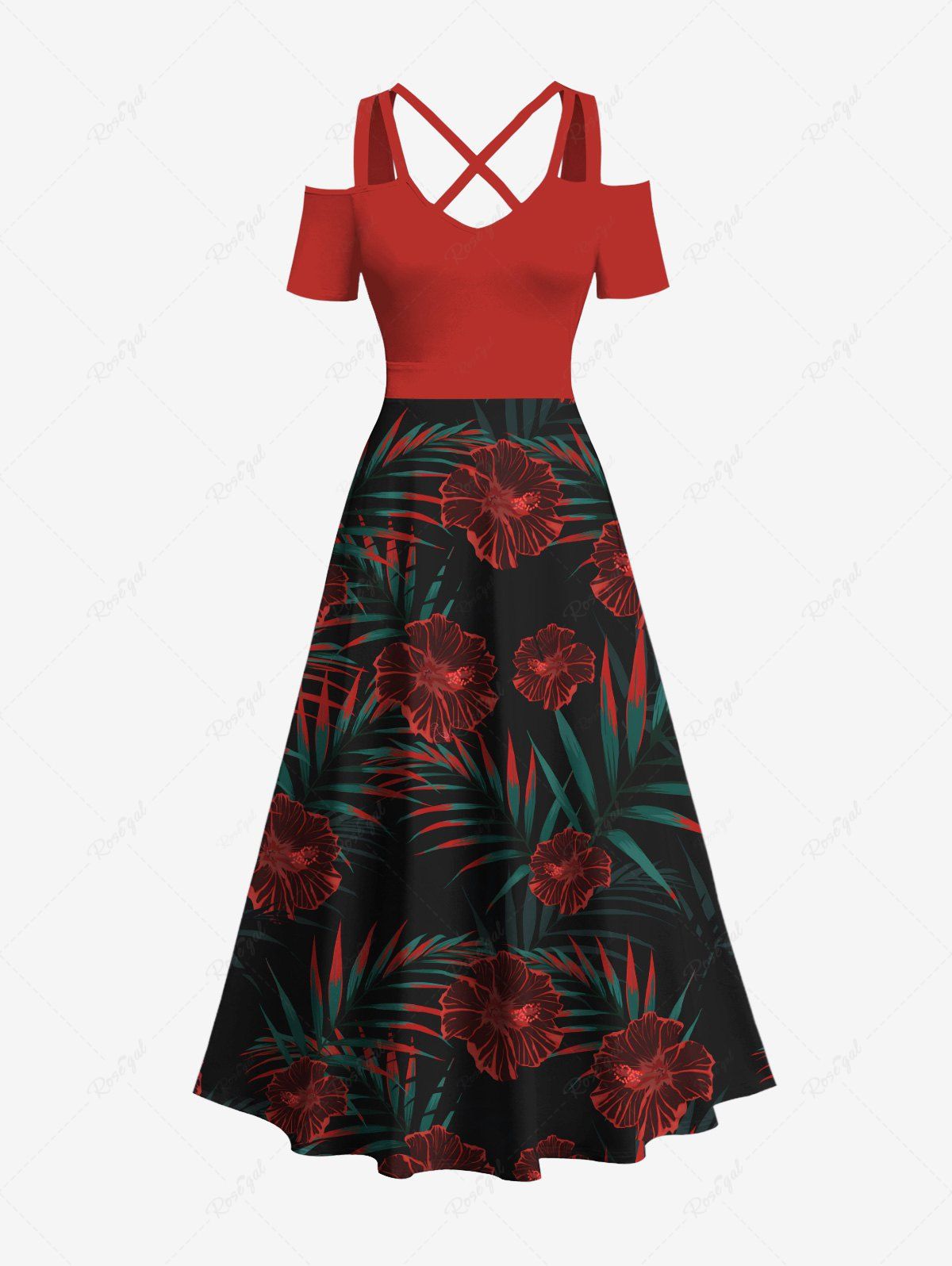 Hot Plus Size Tropical Leaf Hibiscus Flowers Print Cold Shoulder Crisscross Hawaii Maxi Dress  