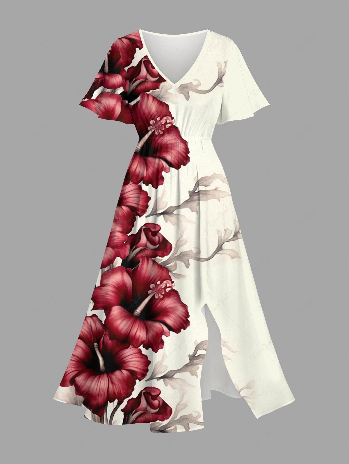 Robe mi-longue hawaïenne fendue à imprimé tropical et fleurs d'hibiscus grande taille Blanc de Crème  6X