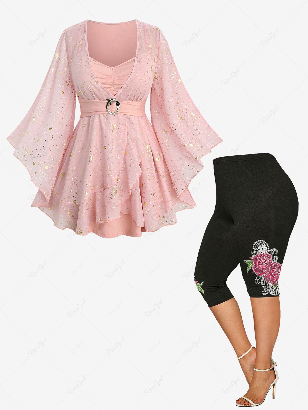 Outfits Foil Stamping Star Print Sheer Layered T-shirt and Rose Printed High Waist Capri Leggings Plus Size Outfit  