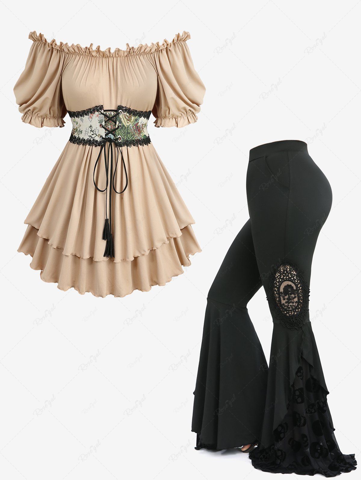 Latest Floral Printed Lace-up Off The Shoulder Top and Skull Mesh Flocking Appliques Flare Pants Plus Size Outfit  